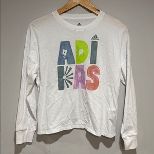 Adidas Kids Large White Multicolor Graphic Long Sleeve Tee Pullover Shirt